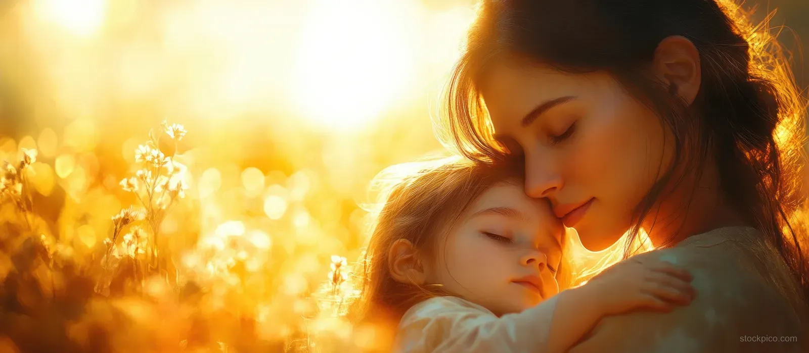 Mother and daughter hug indoors in golden hour sunlight with a warm, glowing atmosphere.