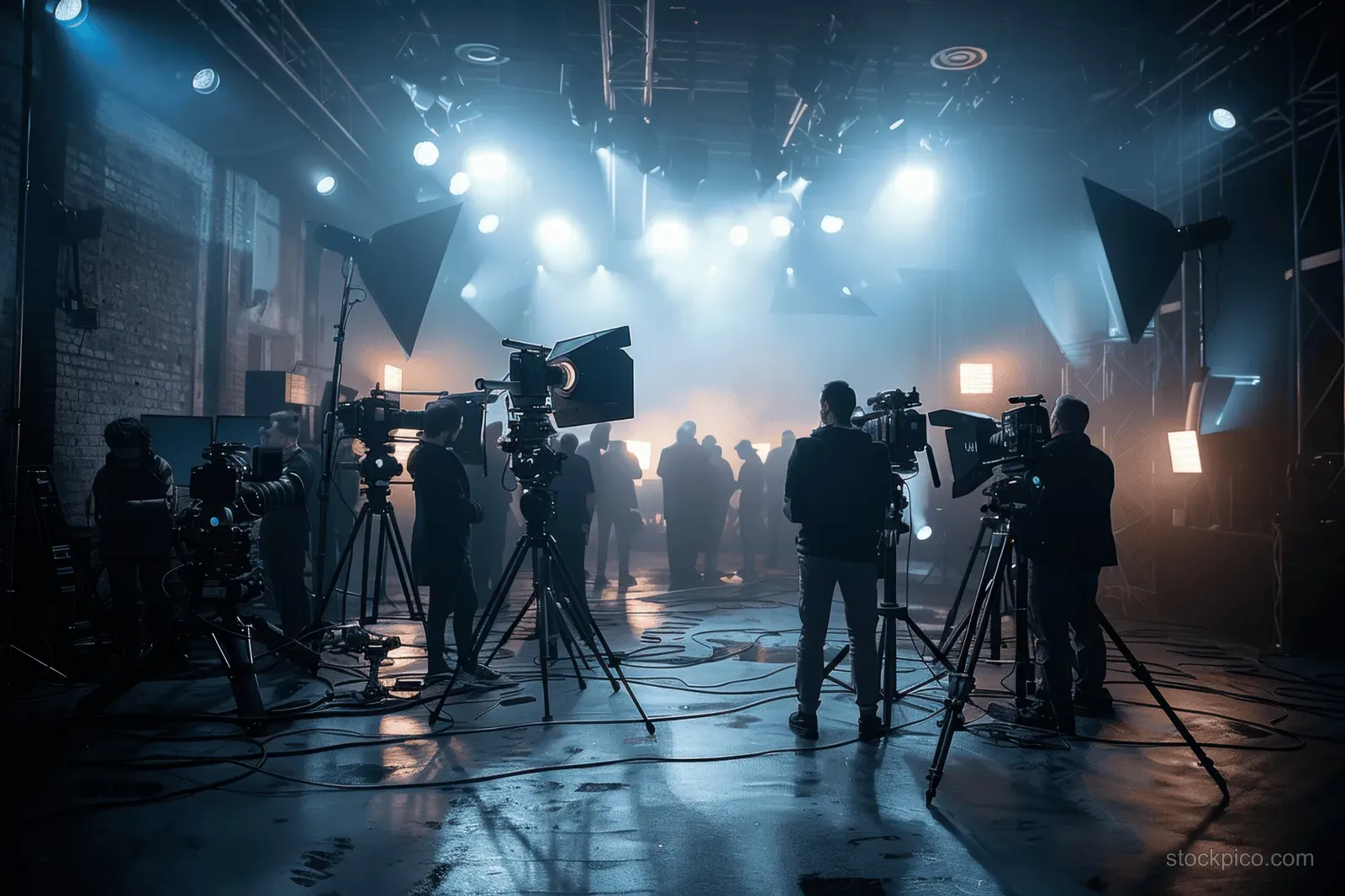 Film crew members adjust tripods and cameras in a foggy studio as backlit actors stand in silhouette.