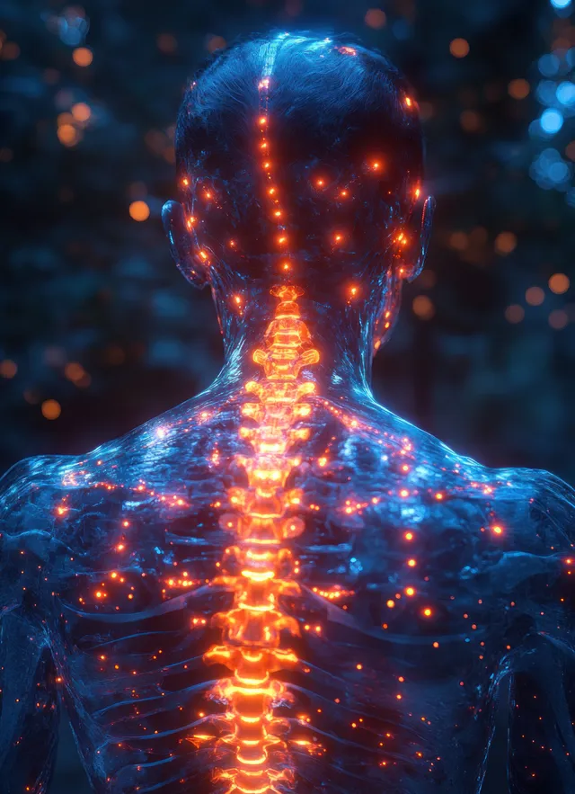 Back view of a neon skeletal anatomy figure with glowing spine and shoulder highlights against a dark blue background.