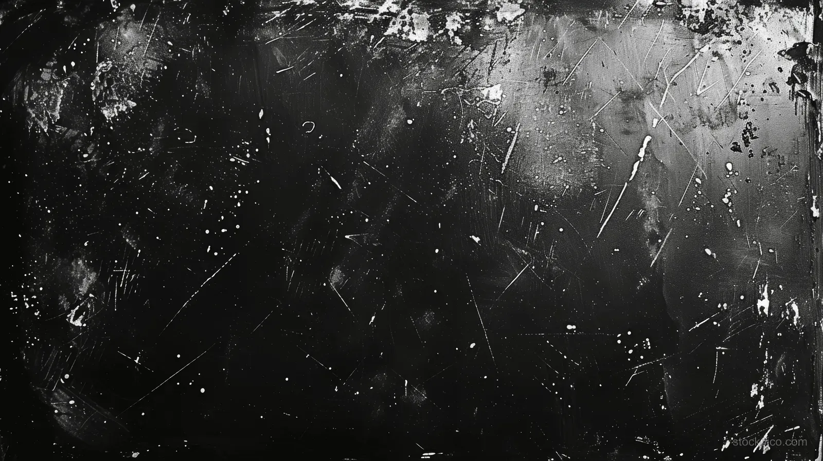 Monochrome grunge film background with dust specks and thin scratches across a dark textured surface.