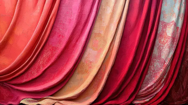 Close-up of red and pink textured fabric draped in layered folds with warm lighting and hints of patterned blue.