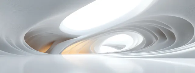 Futuristic minimalist circular architecture render with glowing light channels and smooth curves