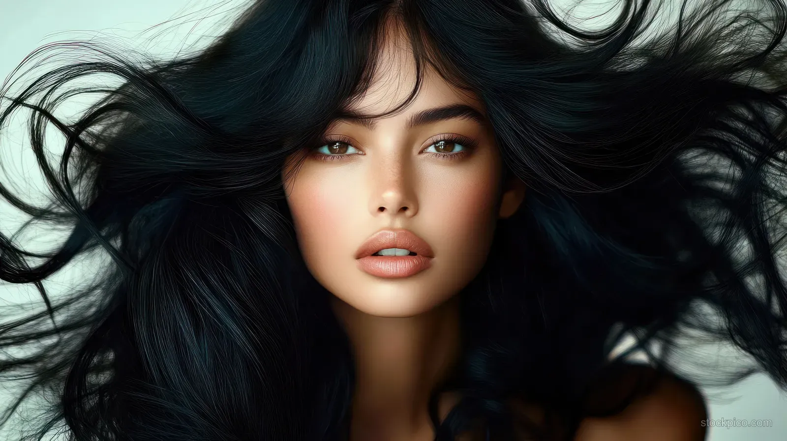 A woman with long black hair posing in a close-up editorial portrait.