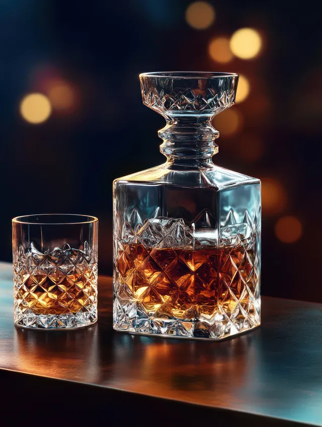 Cut glass whiskey decanter and tumbler with amber spirit on polished wood
