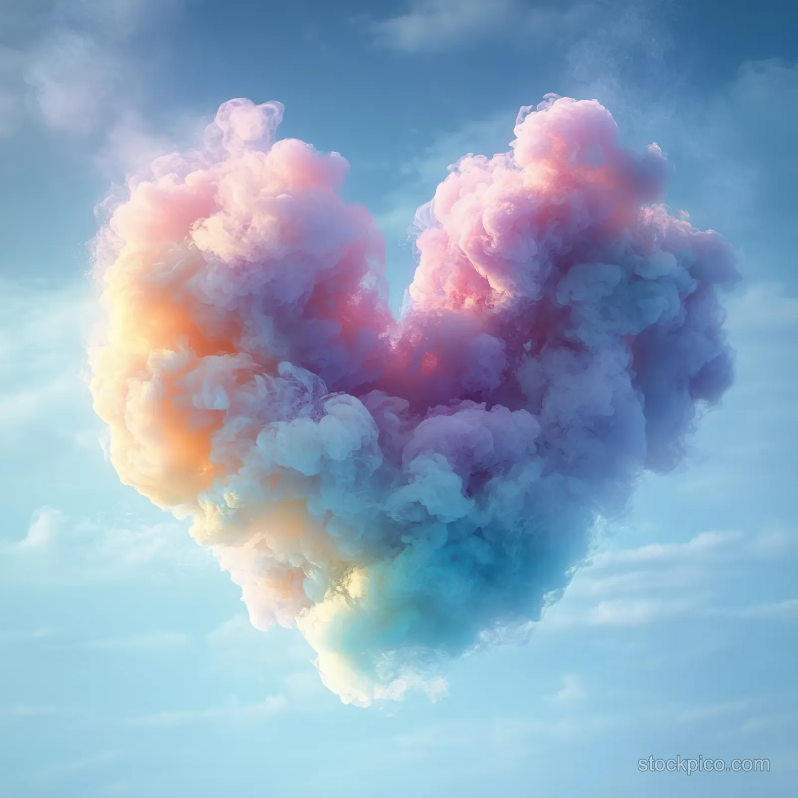 Pastel heart-shaped cloud formation floats in a clear blue sky with soft glowing edges.