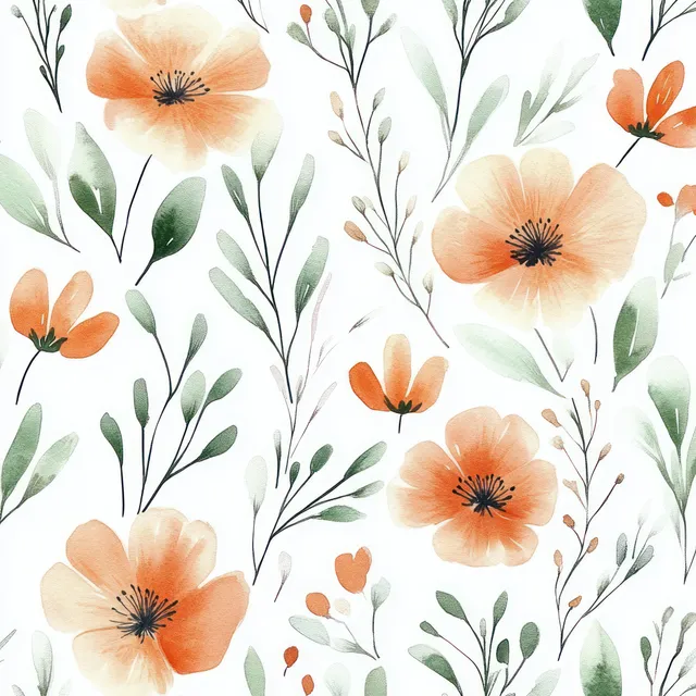 Watercolor floral pattern with soft peach flowers and green leaves on a white background.