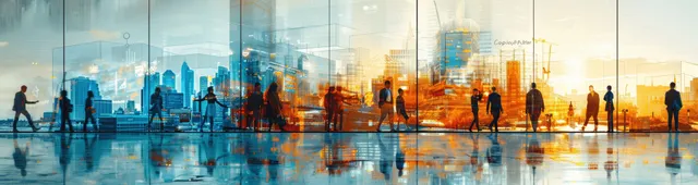 Business team moving along a glassy city street with glowing digital network lines overlaid across the skyline.