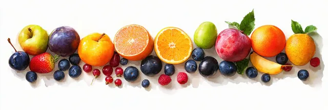 Assorted fresh fruits arranged in a row with citrus slices and scattered berries on a light background.