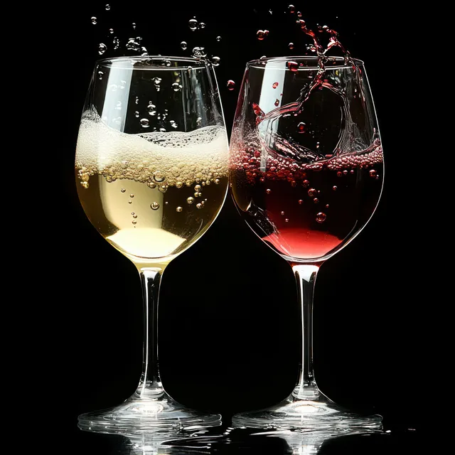 Two wine glasses clink with red and white wine splashing and bubbles rising against a black background.