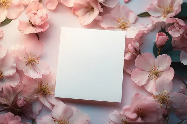 Minimalist wedding card mockup framed by soft pink and white blossoms, blank center