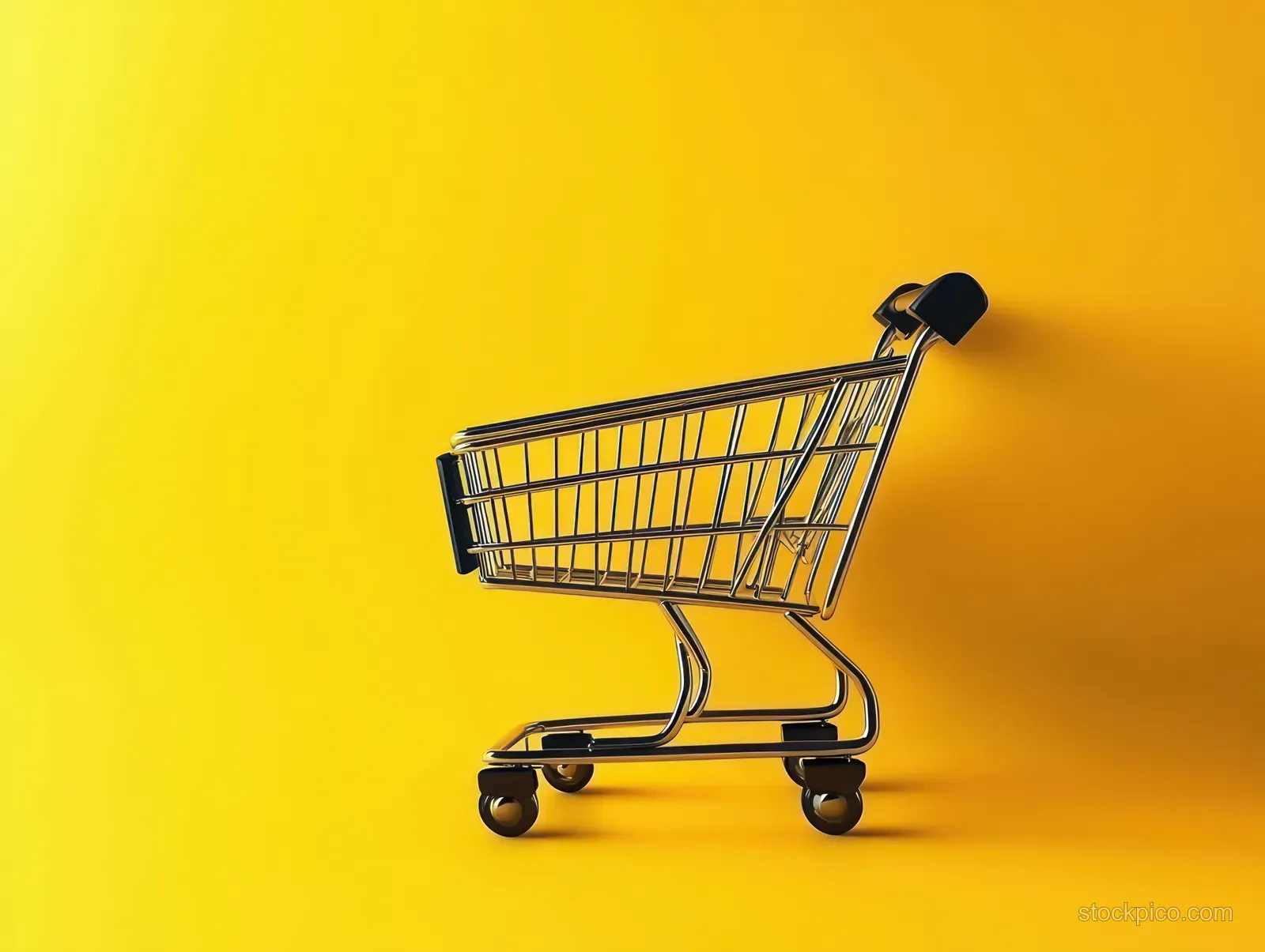 Empty metal shopping cart with black handle and wheels on a bright yellow background.