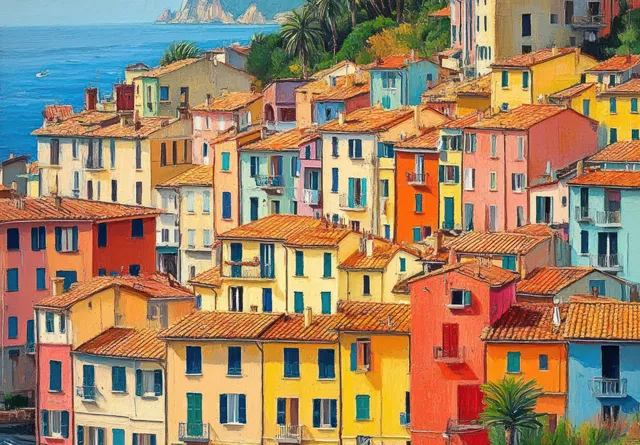 Pastel Mediterranean houses with terracotta roofs cluster along a coastal hill under a clear blue sky near the sea.