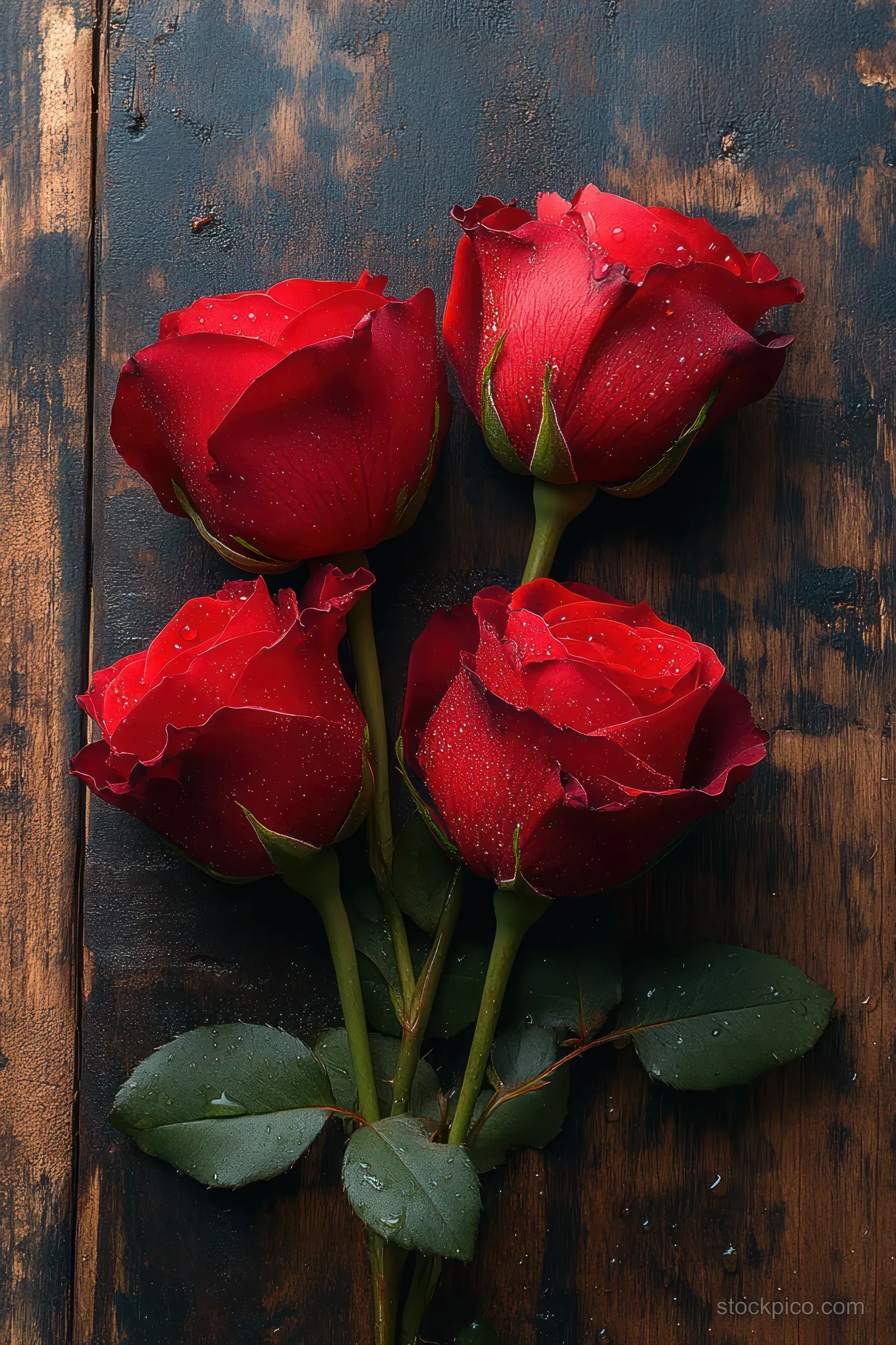 Four red roses with water droplets and green leaves lying on a dark rustic wooden table.