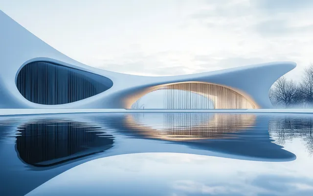 Curved minimalist white building reflected in still lake water under soft dusk light.