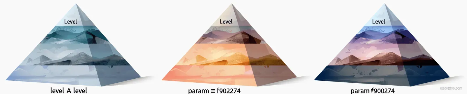 Three pastel pyramid icons labeled Level A and Level B with soft shading on a white background.