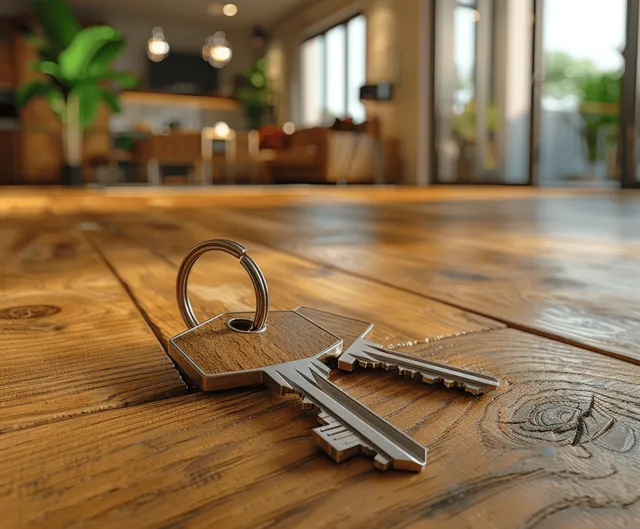 Metal keys resting on wooden table in bright modern apartment by window