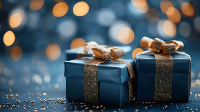 Two blue gift boxes with golden ribbons on a snowy winter tabletop with defocused holiday lights in the background.
