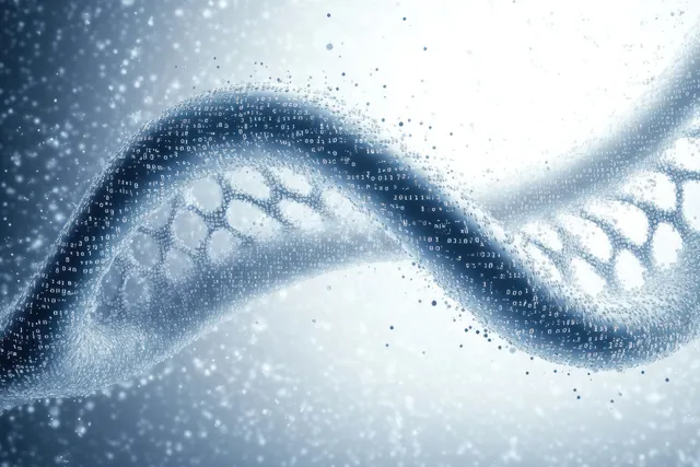 Glowing DNA double helix with floating particles in a dark digital science background.