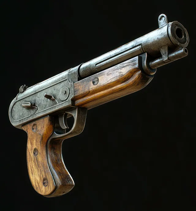 Close-up of a vintage submachine gun with a wooden grip and worn metal body against a dark background.