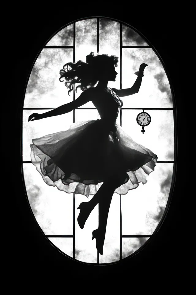 Silhouette of a dancing woman inside an oval window holding a small clock pendant