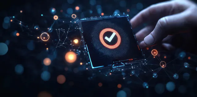 A hand reaches toward a floating screen with a checkmark surrounded by glowing network nodes.