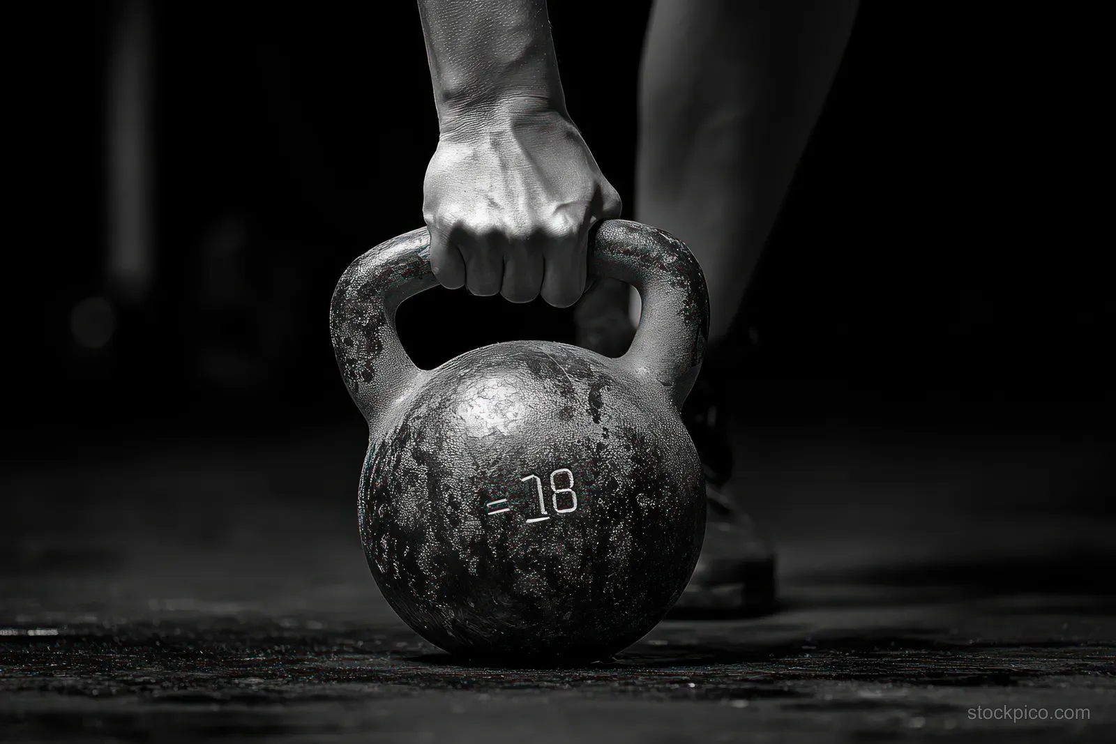Black-and-white close-up of a person gripping an 18-kilogram kettlebell on a dark gym floor with visible forearm muscles.
