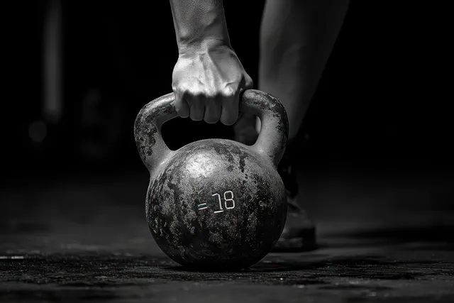 Black-and-white close-up of a person gripping an 18-kilogram kettlebell on a dark gym floor with visible forearm muscles.