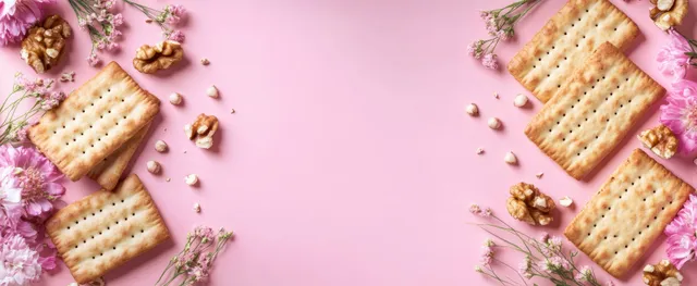 Top view of Passover matzo crackers, walnut pieces, and spring flowers on a soft pink background.