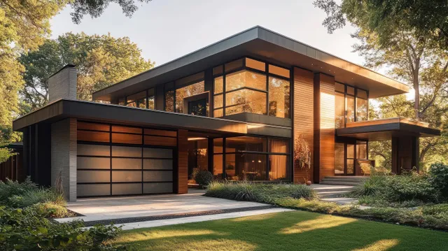 Modern two-story house with large glass windows and wooden accents beside a garage, surrounded by landscaped greenery at sunset.