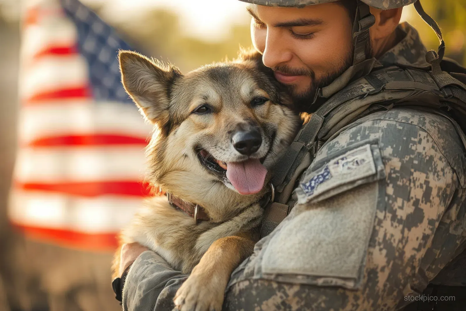 A soldier in camouflage hugs a German Shepherd with a blurred American flag behind them.