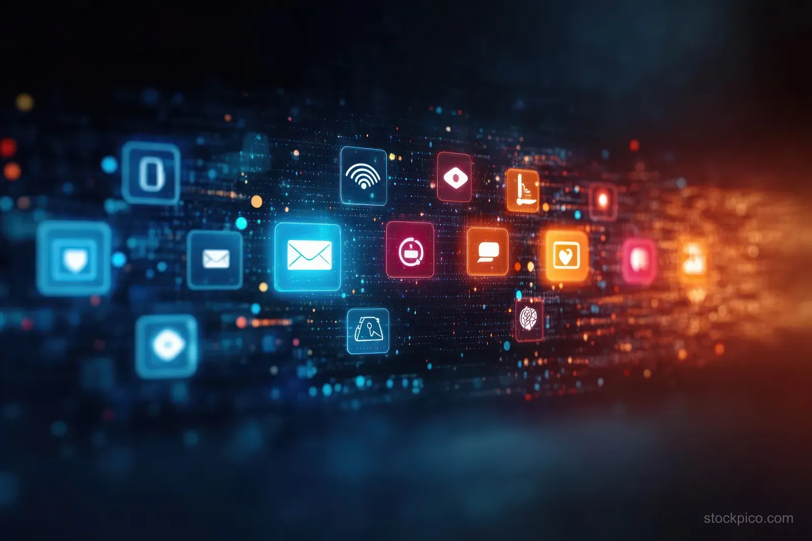 Colorful app icons stream across a dark digital interface with glowing light trails.