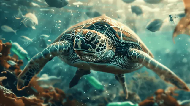 Sea turtle swimming underwater near plastic bottles and debris while sunlight rays filter through murky ocean water.