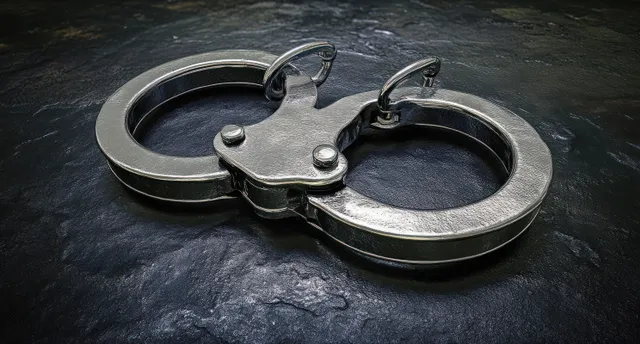 Closed metallic handcuffs resting on a dark textured surface with sharp reflective edges.