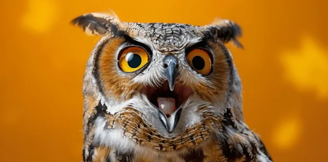 A shocked owl with large round eyes and an open beak sits on a bright yellow background with empty text space.