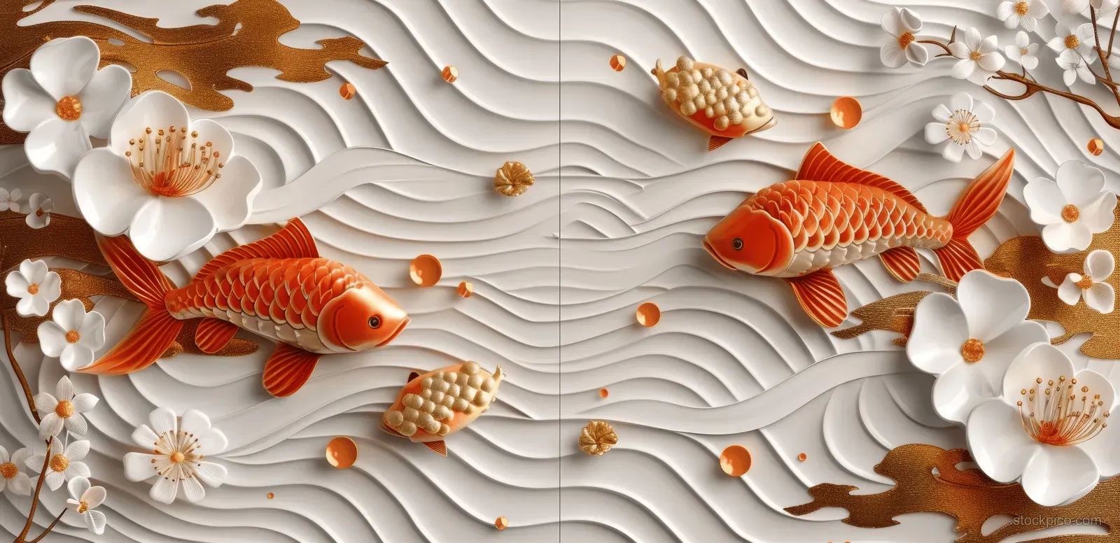 Golden koi fish swim on a rippled wave relief background with white blossoms and small pearl-like dots.
