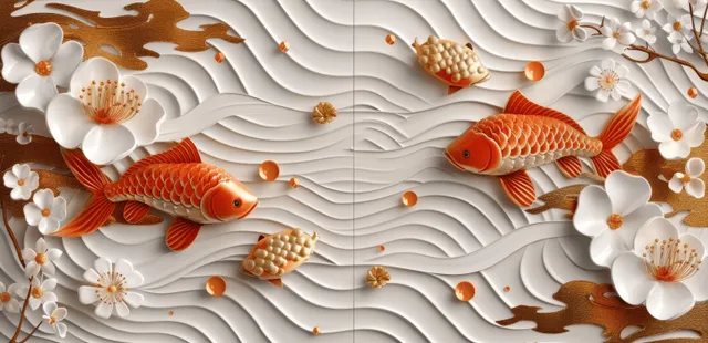 Golden koi fish swimming over layered wave texture with white blossoms and pearls