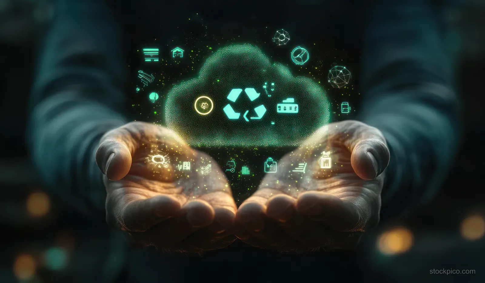 Hands hold a glowing cloud containing recycling and sustainability digital icons above a dark background.