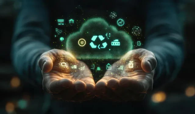 Hands hold a glowing cloud containing recycling and sustainability digital icons above a dark background.