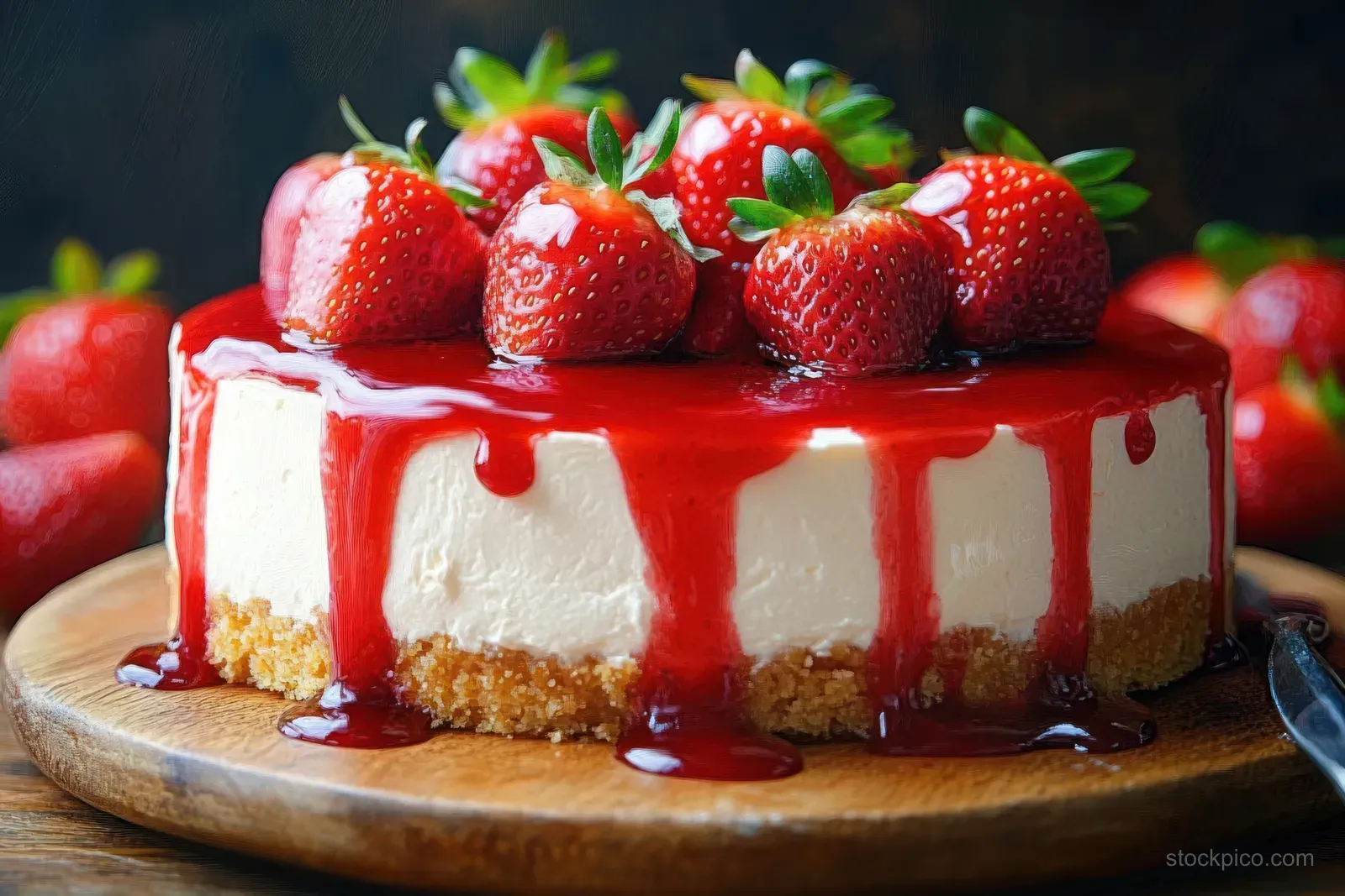 Strawberry cheesecake slice with red sauce dripping and whole strawberries on top.