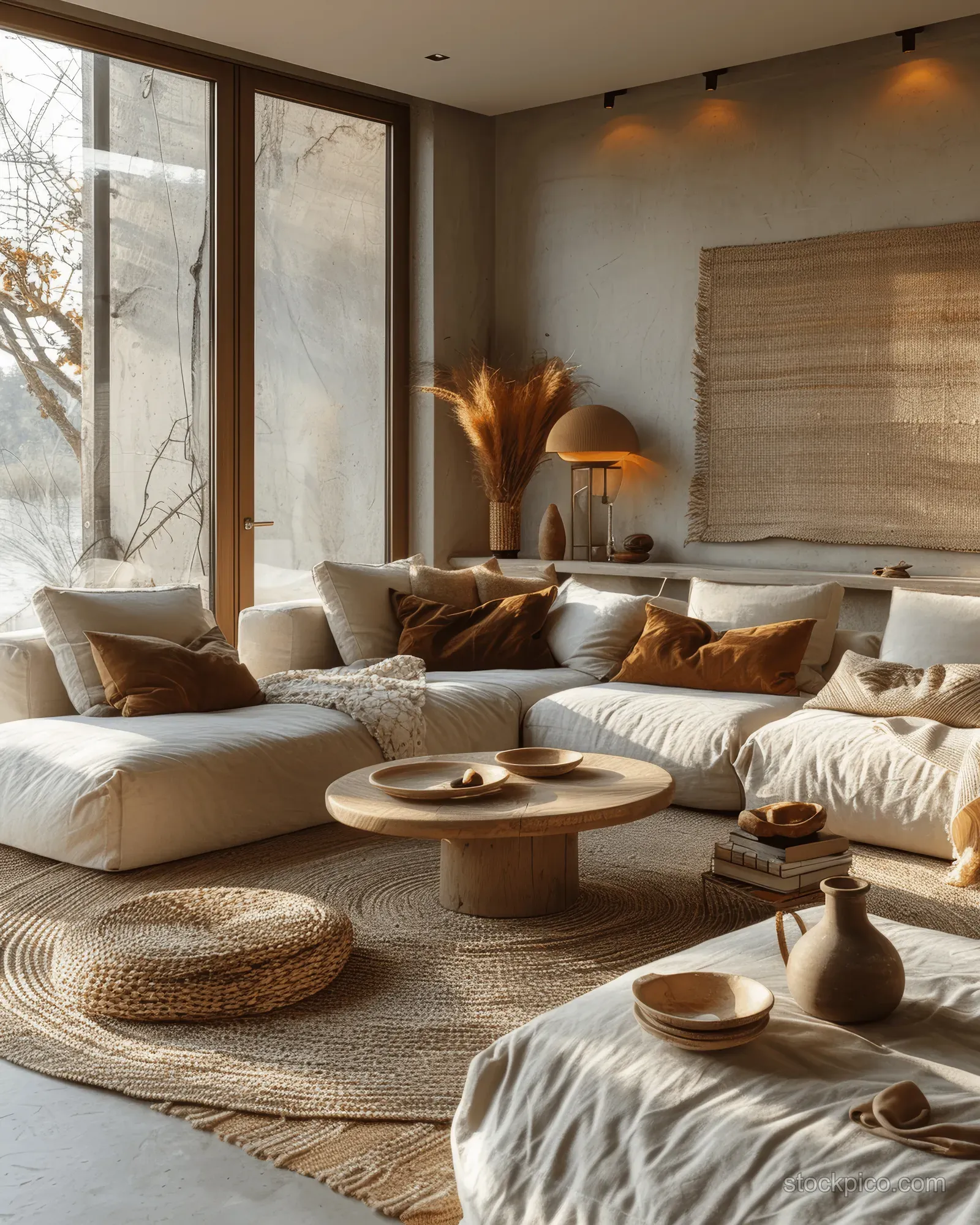 Sunlit Scandinavian living room showing a beige sofa with cushions, wooden decor, and a window with sheer curtains.