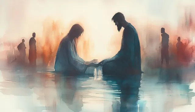 Jesus washing feet on Maundy Thursday, watercolor illustration with glowing silhouettes and water reflections with New Testament Teachings
