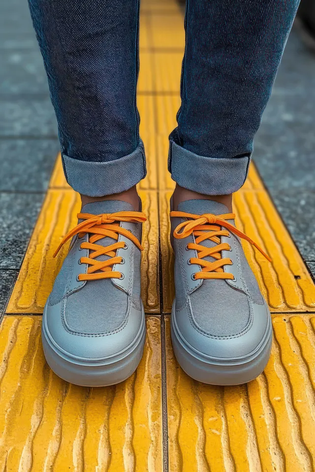 Gray sneakers with orange laces stand on textured yellow tactile paving next to denim jeans.