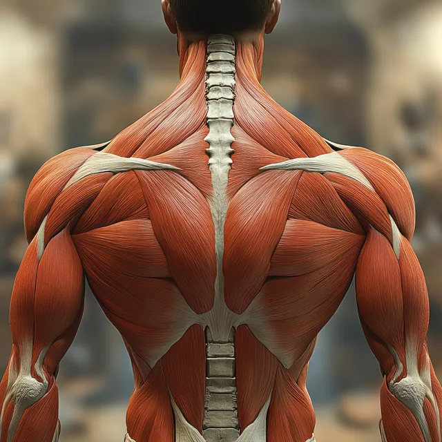Rear view anatomical illustration reveals the trapezius muscles across the upper back and shoulders surrounding the spine.
