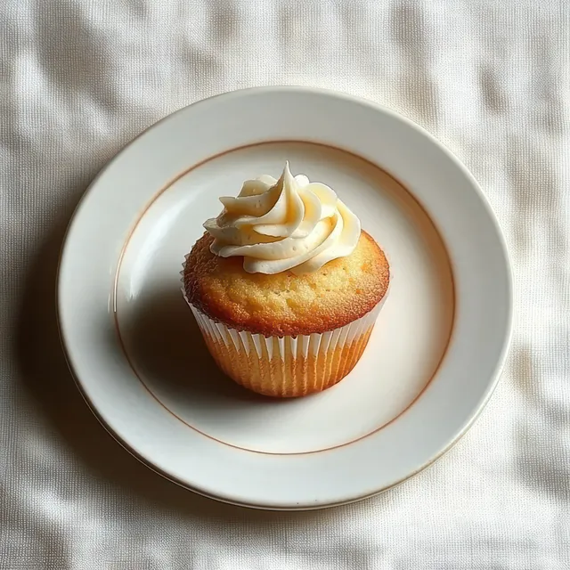 A single vanilla cupcake with white frosting rests on a white plate with a gold rim on textured white fabric.