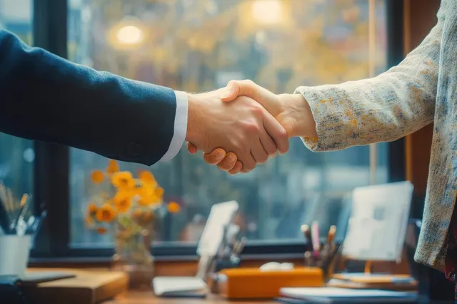 Two hands shake above an office desk with documents and blurred meeting surroundings behind them.