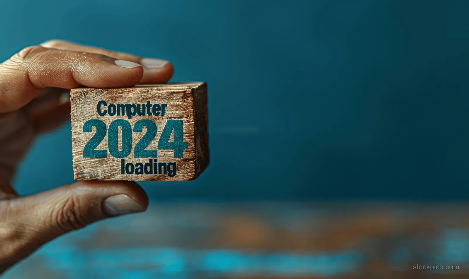 A hand holds a wooden block printed with 2024 loading text against a blue background.