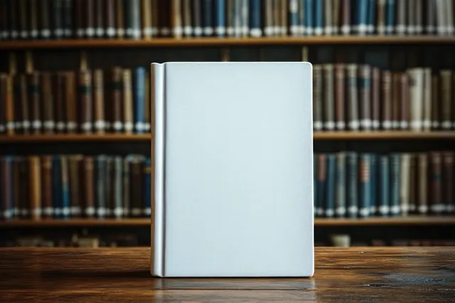 Blank white hardcover book stands on a wooden table with blurred bookshelves in the background.