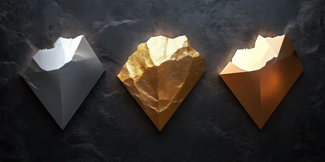 Three metallic geometric sculptures in silver, gold, and bronze mounted on a dark textured wall with dramatic lighting.