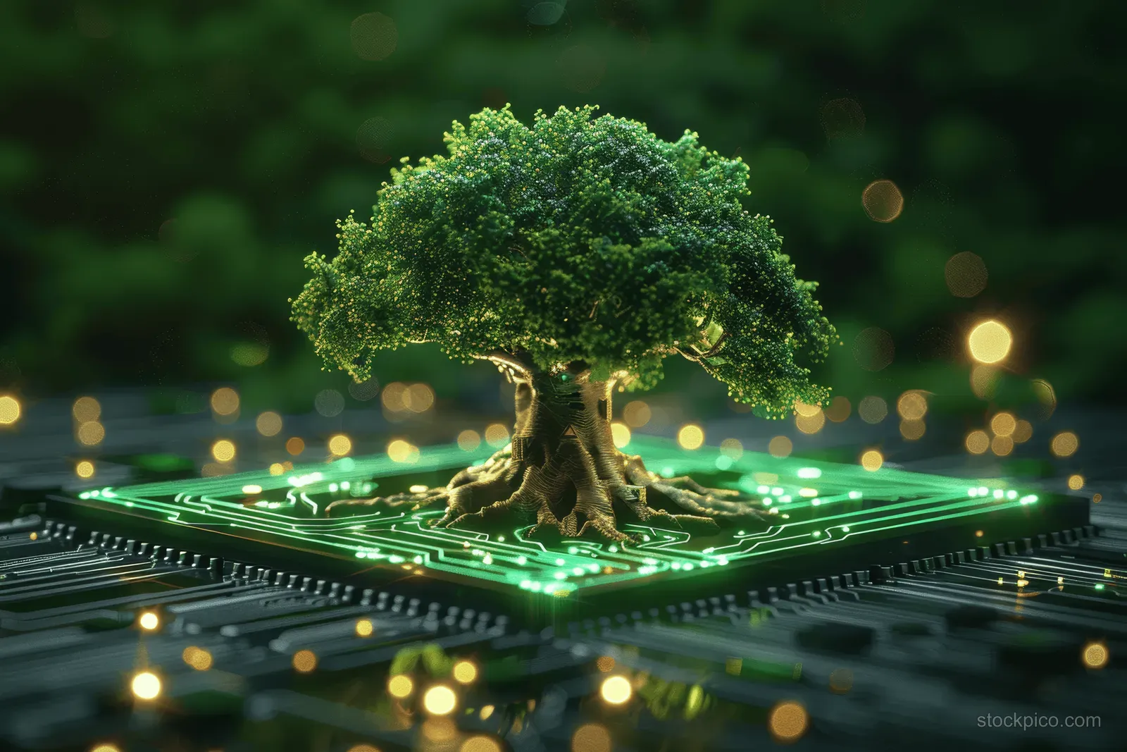 A small tree grows from a glowing circuit board with a soft forest background.
