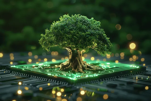 Small tree growing from glowing circuit board in dark forest